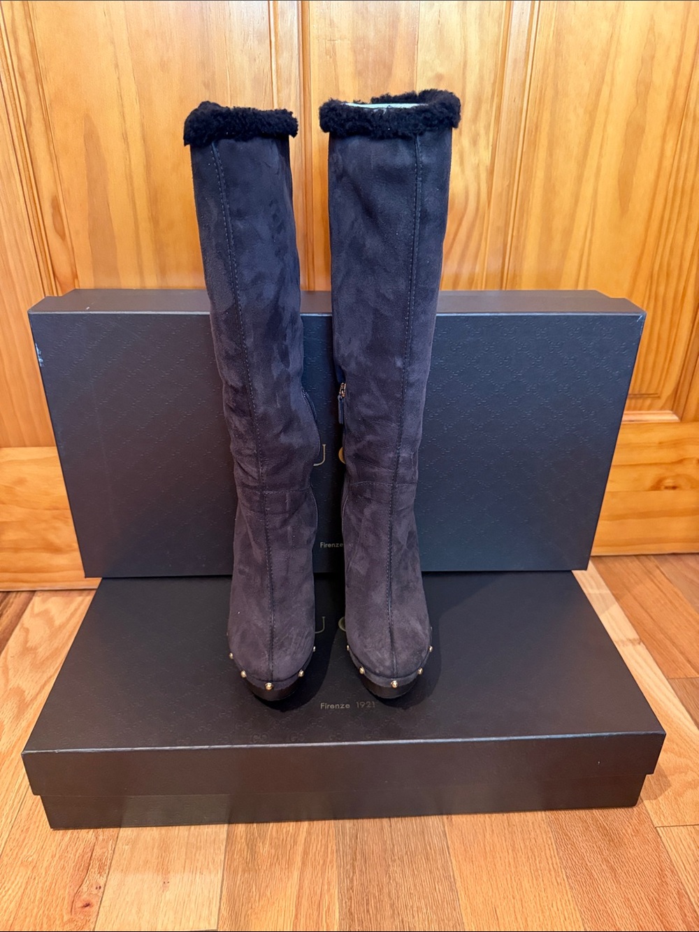 Gucci Black Suede  Shearling Stud Boots